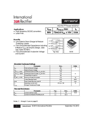 Infineon Technologies IRF7380PBF-GURT MOSFET 2 N-Kanal 2.0W SO-8 von INFINEON TECHNOLOGIES