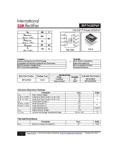 Infineon Technologies IRF7425PBF-GURT MOSFET 1 P-Kanal 2.5W SO-8 von INFINEON TECHNOLOGIES