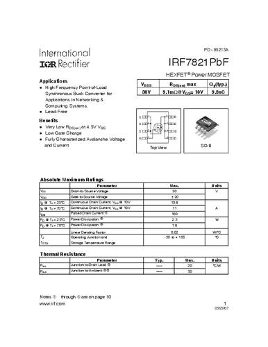 Infineon Technologies IRF7821PBF-GURT MOSFET 1 N-Kanal 2.5W SO-8 Infineon Technologies IRF7821PBF-GURT MOSFET 1 N-Kanal 2.5W SO-8 von INFINEON TECHNOLOGIES