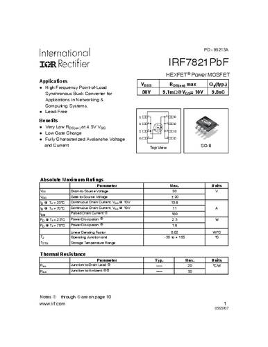 Infineon Technologies IRF7821PBF-GURT MOSFET 1 N-Kanal 2.5W SO-8 von INFINEON TECHNOLOGIES