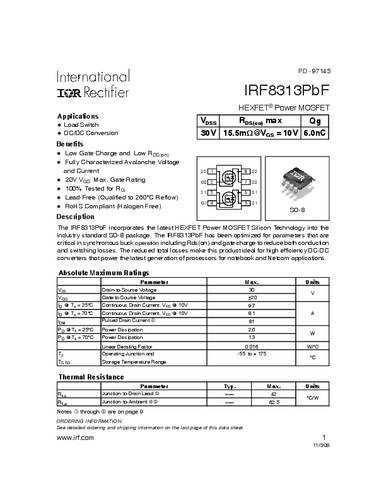 Infineon Technologies IRF8313PBF-GURT MOSFET 1 N-Kanal 2.0W SO-8 von INFINEON TECHNOLOGIES