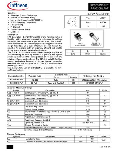 Infineon Technologies IRF9530NSPBF-GURT MOSFET 1 P-Kanal 79W D2PAK von INFINEON TECHNOLOGIES