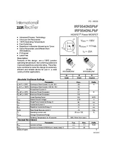 Infineon Technologies IRF9540NSPBF-GURT MOSFET 1 P-Kanal 110W D2PAK von INFINEON TECHNOLOGIES