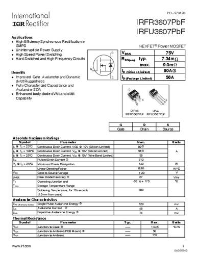 Infineon Technologies IRFR3607PBF-GURT MOSFET 1 N-Kanal 140W TO-252AA von INFINEON TECHNOLOGIES