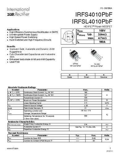 Infineon Technologies IRFS4010PBF-GURT MOSFET 1 N-Kanal 375W D2PAK von INFINEON TECHNOLOGIES