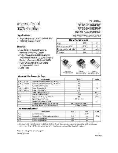 Infineon Technologies IRFS52N15DPBF-GURT MOSFET 1 N-Kanal 230W D2PAK von INFINEON TECHNOLOGIES
