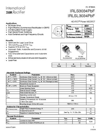 Infineon Technologies IRLS3034PBF-GURT MOSFET 1 N-Kanal 375W D2PAK von INFINEON TECHNOLOGIES