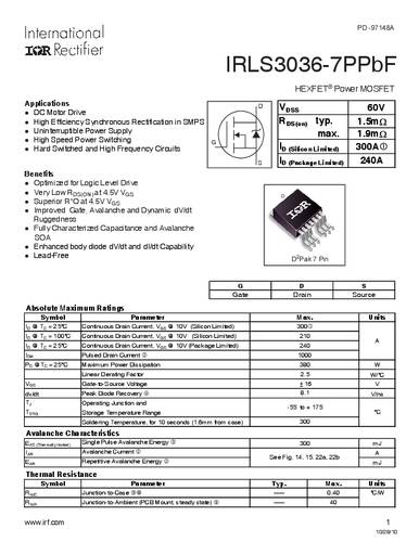 Infineon Technologies IRLS3036-7PBF-GURT MOSFET 1 N-Kanal 380W D2PAK von INFINEON TECHNOLOGIES
