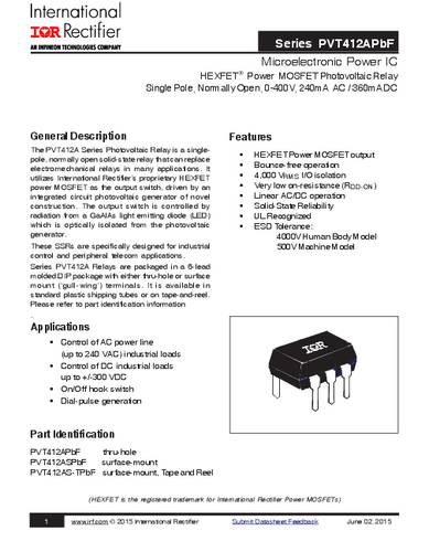 Infineon Technologies PVT412ASPBF PhotoMOS-Relais 0.36A Polzahl (num): 6 Tube von INFINEON TECHNOLOGIES