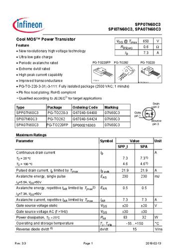 Infineon Technologies SPA07N60C3 MOSFET 1 N-Kanal 32W TO-220-FULLPAK von INFINEON TECHNOLOGIES