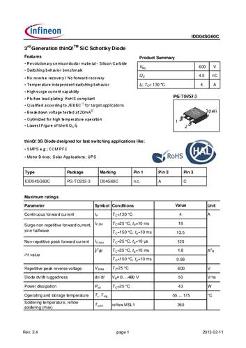 Infineon Technologies Schottky-Diode IDD04SG60CXTMA2 TO-252 Tape on Full reel von INFINEON TECHNOLOGIES