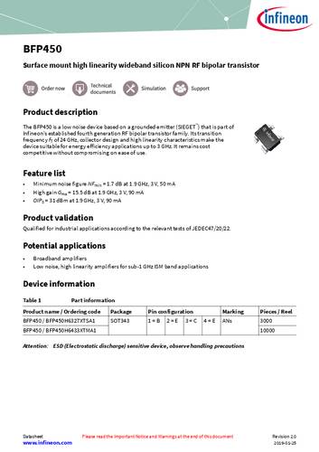 Infineon Technologies Transistor (BJT) - diskret BFP450H6327XTSA1 SOT-343 NPN Tape on Full reel von INFINEON TECHNOLOGIES