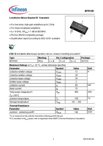 Infineon Technologies Transistor (BJT) - diskret BFR193E6327HTSA1 SOT-23 NPN Tape on Full reel von INFINEON TECHNOLOGIES