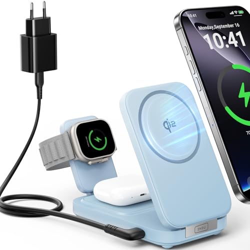 INIU 3 in 1 Kabellose Ladestation Hellblau, Qi2-zertifiziert 15W Induktives Ladegerät, Tragbares Design für iPhone 16 Pro/15/14/13/12, Apple Watch Ultra/9/8/7/SE, AirPods Pro/4/3/2 von INIU