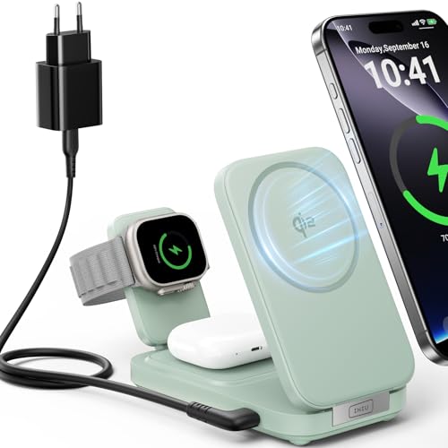 INIU 3 in 1 Kabellose Ladestation Mintgrün, Qi2-zertifiziert 15W Kompaktes Ladegerät für iPhone 16 Pro/15/14/13/12, Apple Watch Ultra/10/9/7/SE, AirPods Pro/4/3/2 von INIU