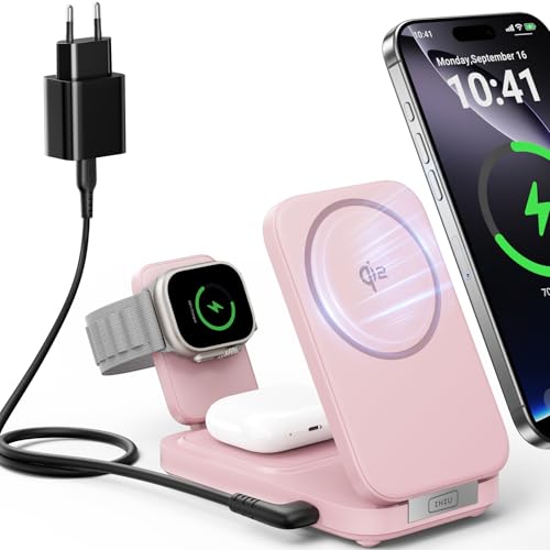 INIU 3 in 1 Wireless Charger Rosé, 15W Qi2-zertifiziert Faltbare Ladestation für iPhone 16/15/14/13/12, Apple Watch Ultra/10/8/7/6/5, AirPods Pro/4/3/2 von INIU