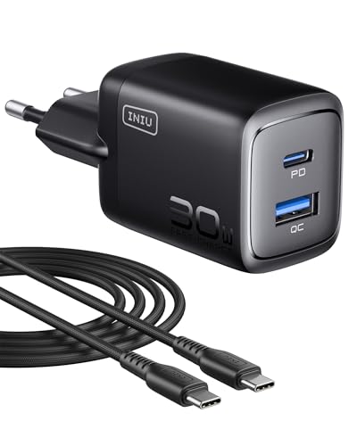 INIU 30W USB C Ladegerät, 2-Port [USB-C + USB-A] Mehrfach Netzteil mit USBC Kabel, PD 3.0 Schnellladegerät Stecker, USBC Adapter für iPhone 16 15 Pro Max, iPad Air, Samsung S24 S23 Ultra, Google, usw von INIU