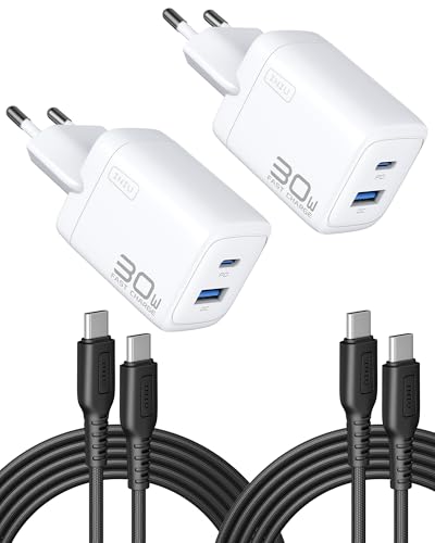 INIU 30W USB C Ladegerät 2-Pack, [USB-C + USB-A] Netzteil Mehrfach mit USB-C Kabel, PD 3.0 Schnellladegerät Stecker, USB C Adapter für iPhone 16 15 Pro Max, iPad Pro, Samsung S24 Ultra, Handy usw von INIU