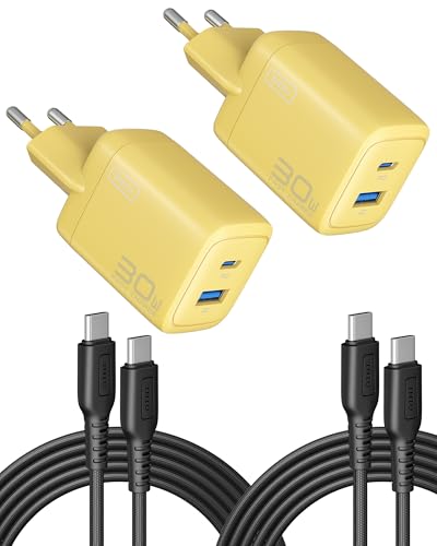 INIU 30W USB C Ladegerät 2-Pack, [USB-C + USB-A] Netzteil Mehrfach mit USB-C Kabel, PD 3.0 Schnellladegerät Stecker, USB C Adapter für iPhone 16 15 Pro Max, iPad Pro, Samsung S24 Ultra, Handy usw von INIU