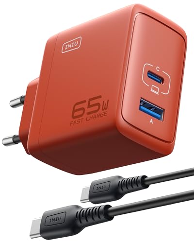 INIU 65W USB C Ladegerät, 2-Port [USB-C + USB-A] Mehrfach Netzteil, GaN II Schnellladegerät Steacker, USB C Power Adapter für MacBook iPad Pro/Air, iPhone 16 15 14 Pro Max, Galaxy S24, Google, usw von INIU