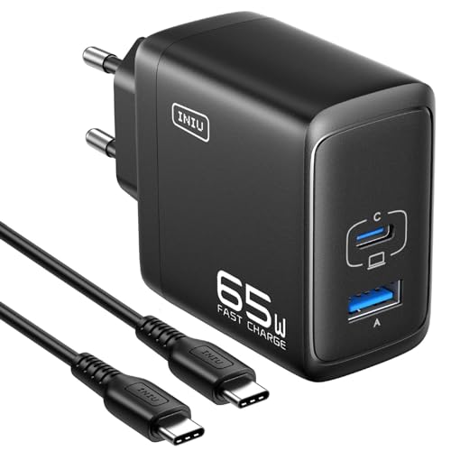 INIU 65W USB C Ladegerät, GaN Ⅱ 2-Port USB C-USB A Netzteil Steack Adapter GaN II Tech Schnellladegerät Charger, Kompakt Platzsparend, für MacBook iPad Pro/Air, iPhone 15 14 13 Pro Max, Galaxy S23 usw von INIU