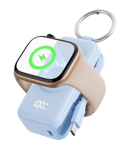 INIU Power Bank für Apple Watch, 5000mAh Powerbank mit eingebautem Kabel, Schlankes Reise Schlüsselanhänger Akkupack LCD-Display für iWatch 10/9/8/Ultra2/Ultra/SE, iPhone 16/15 Blau von INIU