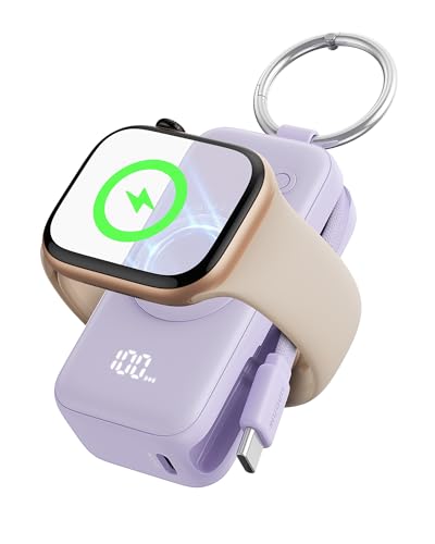 INIU Power Bank für Apple Watch, 5000mAh Powerbank mit eingebautem Kabel, Schlankes Reise Schlüsselanhänger Akkupack LCD-Display für iWatch 10/9/8/Ultra2/Ultra/SE, iPhone 16/15 Lila von INIU
