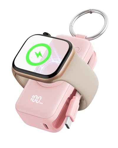 INIU Power Bank für Apple Watch, 5000mAh Powerbank mit eingebautem Kabel, Schlankes Reise Schlüsselanhänger Akkupack LCD-Display für iWatch 10/9/8/Ultra2/Ultra/SE, iPhone 16/15 Rosa von INIU