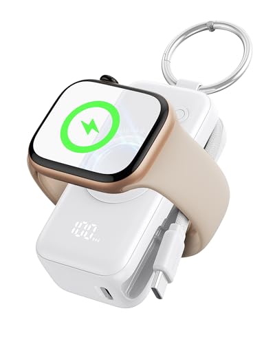INIU Power Bank für Apple Watch, 5000mAh Powerbank mit eingebautem Kabel, Schlankes Reise Schlüsselanhänger Akkupack LCD-Display für iWatch 10/9/8/Ultra2/Ultra/SE, iPhone 16/15 Weiß von INIU