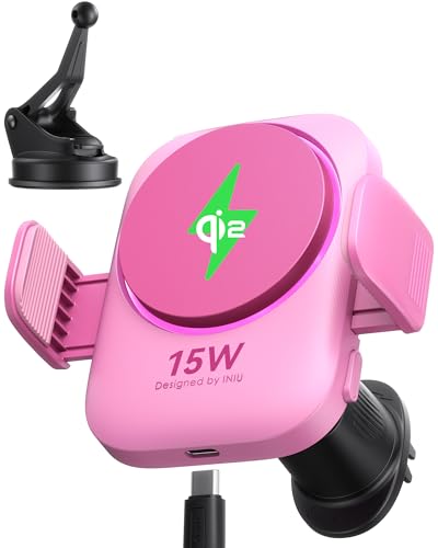 INIU Qi2 15W Rosafarbene Handyhalterung Auto, 12N Magnet-Grip mit RGB-Licht & Kühlfunktion, für iPhone 16/15/14/13/12 UVM. von INIU