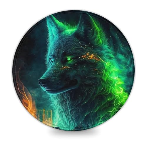 INKHSD Mauspad mit grünem Wolf-Mauspad aus Gummi, 20 x 20 cm, Schreibtischunterlage mit genähtem Rand, Computer-Schreibtischzubehör, rutschfeste Unterseite von INKHSD