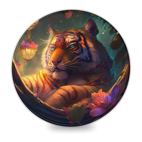 INKHSD Runde Mini-Maus, schönes Tiger-Mauspad mit genähtem Rand, 20 x 20 cm (7,9 Zoll), Schreibtischunterlage mit Rutschfester Unterseite und genähtem Rand für Gaming-Büroarbeiten von INKHSD