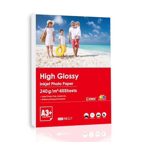 Inkuway 60 Blatt A3 Plus A3+ 240 g/m² – Hochglänzendes Premium-Tintenstrahl-Fotopapier 13 x 19 Zoll für DIY-Tintenstrahldrucker zum Drucken von Fotos von INKUWAY