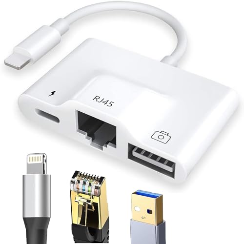 Lightning auf Ethernet Adapter, USB auf iPhone Adapter, 3 in 1 RJ45 Ethernet LAN Netzwerkadapter mit Ladeanschluss für iPhone iPad 100 Mbps Aufladen Plug and Play, unterstützt 100 Mbps von INNAPER