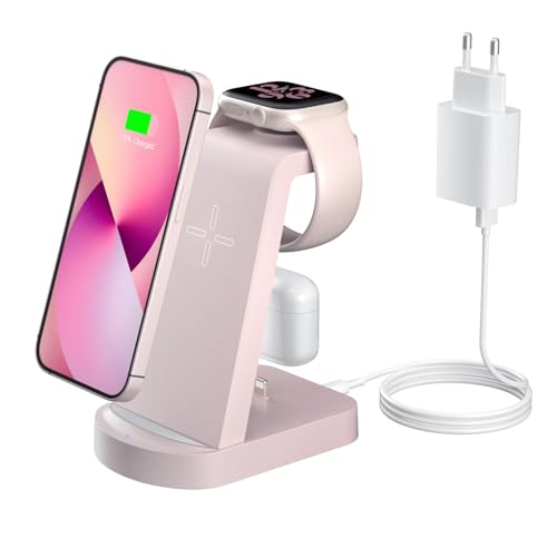 Kabellose Ladestation,Wireless Charger 3 in 1 induktive Kabelloses Ladegerät Mit 18W Adapter,kompatibel mit i Phone 15/14/13/12/11 Pro/Pro Max,Apple Watch Ultra 9/8/7/6/5/4/3/2/SE AirPods Pro321 Rosa von INNISTO