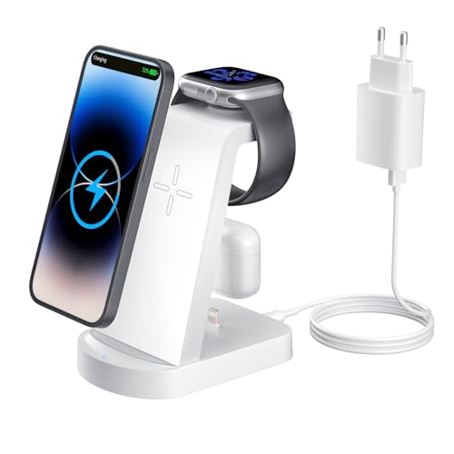 Kabellose Ladestation,Wireless Charger 3 in 1 induktive Kabelloses Ladegerät Mit 18W Adapter,kompatibel mit i Phone 15/14/13/12/11 Pro/Pro Max,Apple Watch Ultra 9/8/7/6/5/4/3/2/SE AirPods Pro321 Weiß von INNISTO