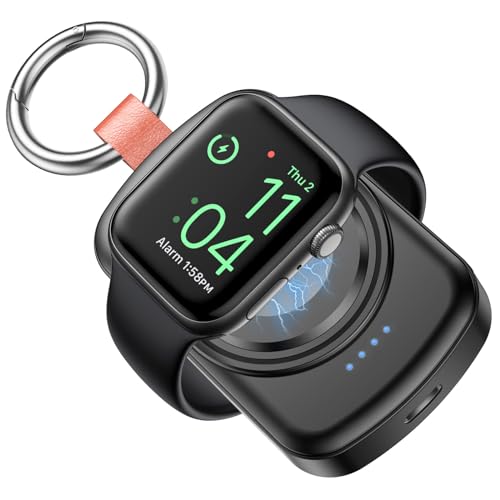 Tragbares kabelloses Ladegerät kompatibel mit Apple Watch Series Ultra 9/8/7/6/5/4/3/2/SE/SE2,1800 mAh Powerbank mit 4 LED-Anzeigen Schlüsselanhänger ladestation Schwarz von INNISTO