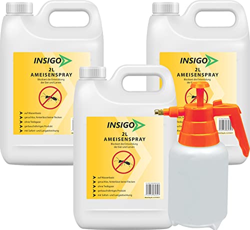 INSIGO Anti Ameisenspray 3x2 Liter + 2 Liter Sprüher| Hochwirksames Ameisen Mittel | Fleckenfreie Ameisen Bekämpfung | gegen Larven & Eier auf Wasserbasis von INSIGO