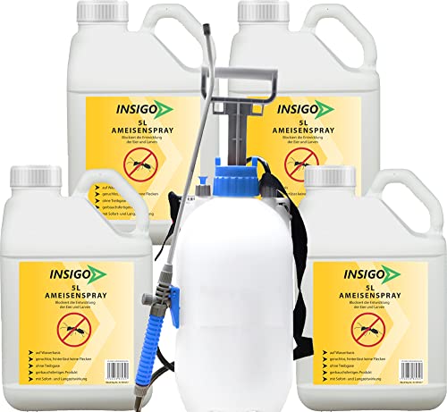 INSIGO Anti Ameisenspray 4x5 Liter + 5 Liter Sprüher| Hochwirksames Ameisen Mittel | Fleckenfreie Ameisen Bekämpfung | gegen Larven & Eier auf Wasserbasis von INSIGO