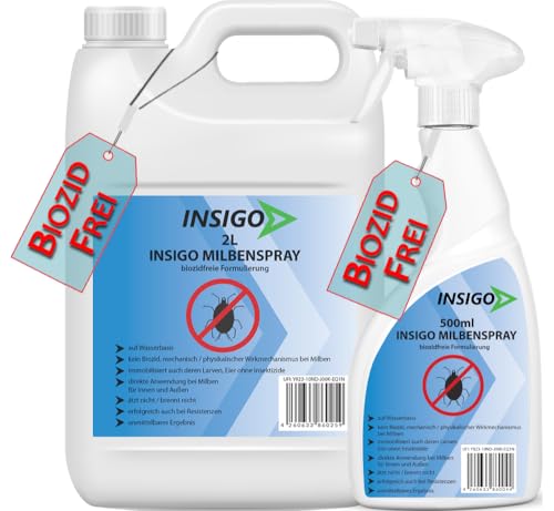INSIGO Milben Spray 2L Kanister + 500ml Sprühflasche - Milbenmittel mit mechanischer Wirkung - Effektive Milben Abwehr für Haustaubmilben im Haus - Milben Spray mit Sofortwirkung INSIGO Milben Spray 2L Kanister + 500ml Sprühflasche - Milbenmittel mit mechanischer Wirkung - Effektive Milben Abwehr für Haustaubmilben im Haus - Milben Spray mit Sofortwirkung von INSIGO