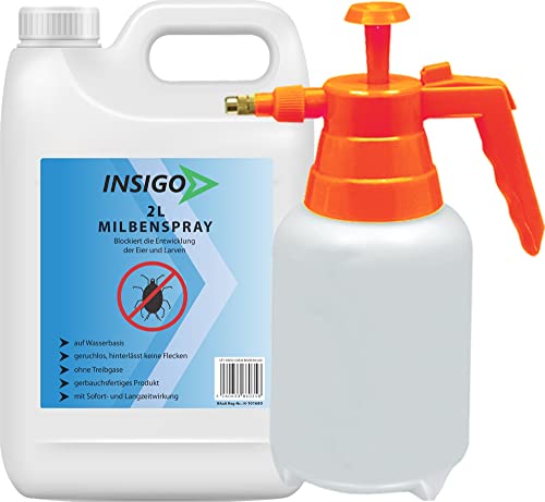 Insigo Milben-Spray 2 Liter + Sprüher | Hausstaubmilben bekämpfen | Milbenspray für Matratzen | Milben-Mittel für Innen & Aussen, Wasserbasis, Geruchlos von INSIGO