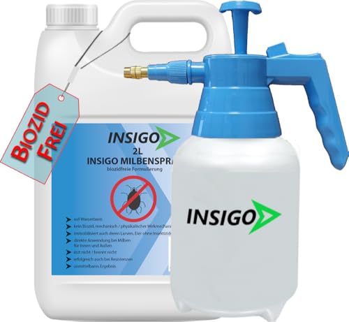 Insigo Milben-Spray 2 Liter + Sprüher | Hausstaubmilben bekämpfen | Milbenspray für Matratzen | Milben-Mittel für Innen & Aussen, Wasserbasis, Geruchlos von INSIGO