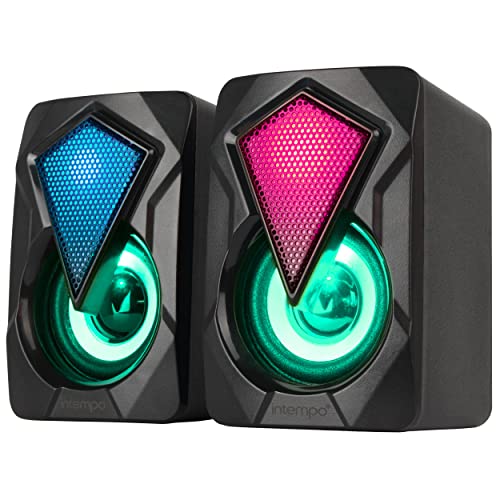 Intempo EE6397BLKSTKEU7V2 RGB-Gaming-Lautsprecherset mit LED-Farbwechsellicht, 3W, 10m kabellose Reichweite, ideal als tragbare Audios, Karaoke-Lautsprecher und Speile, 6,5 x 7,5 x 10,1 cm von INTEMPO