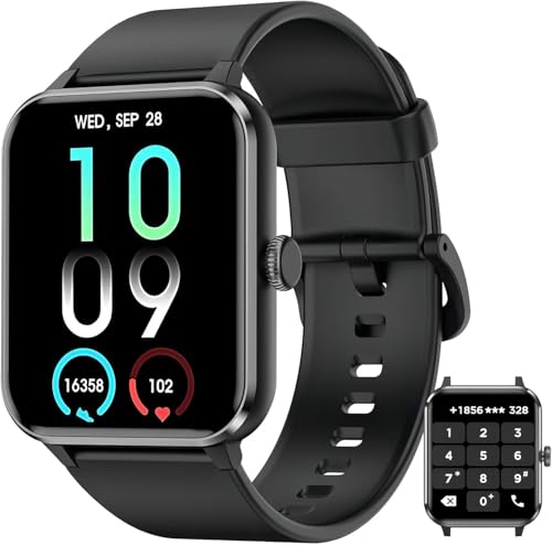 IOWODO Smartwatch Herren Damen 1.85" Zoll Touch-Farbdisplay Smart Watch mit Bluetooth Anrufe Pulsschlag SpO2 Schrittzähler Schlafmonitor Geeignet Fitnessuhr für Android iOS（Schwarz） von IOWODO