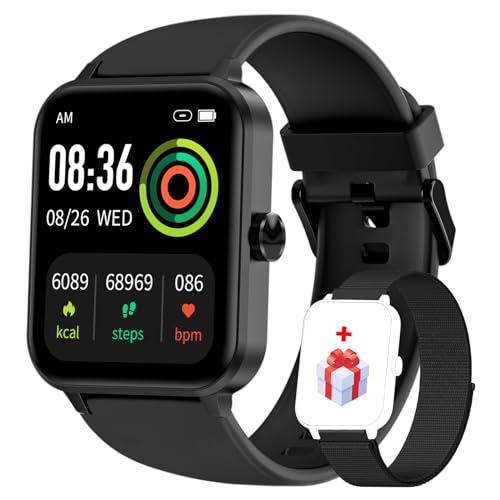 IOWODO Smartwatch Damen Herren 1,85 Zoll Uhren Fitness Tracker Uhr mit Schrittzähler Sportuhr Herzfrequenz Blutsauerstoff Schlafmonitor Wasserdicht Schwarz Fitnessuhr Smart Watch für iOS Android von IOWODO