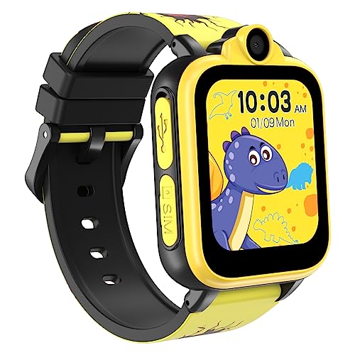 IOWODO Smartwatch Kinder-2G SIM mit Spiele Anruf Funktion SOS Kamera Musik Schrittzähler Taschenlampe Wecker-Kids smart Watch telefonieren Geschenk für Jungen und Mädchen 3-12 Jahre (Schwarz) von IOWODO