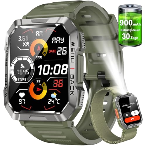 IOWODO Militär Smartwatch Herren,100 Tage Akku, LED Taschenlampe, Bluetooth-Anrufe, Fitness-Tracker,100+ Sportmodi, Herzfrequenz-&SPO₂-Monitor, IP68 Wasserdicht, Schlafüberwachung von IOWODO