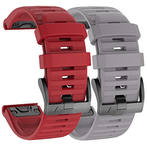 ISABAKE Armband für Garmin Fenix 6X, QuickFit 26mm Breites Uhrenarmband Kompatibel mit Fenix 6X / 6X Pro, Fenix 5X / 5X Plus, Fenix 3/3 HR (Grau/Rot) von ISABAKE