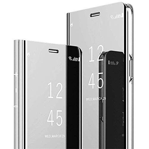 Hülle Kompatibel mit iPhone 12/iPhone 12 Pro 6.1 Spiegel Handyhülle Ultra Dünn Clear View Flip Case Mirror Slim PU Leder Flip Schutzhülle handyhülle mit Standfunktion für iPhone 12/12 Pro,Silber von ISAKEN