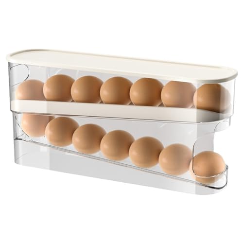 ISAKEN Eierhalter Rollend Weiß Automatisch Eierspender Kunststoff Platzsparende Rutschfeste Egg Dispenser Doppellagiger Eierablage Eier Organizer für Speisekammer 2-stöckiges Eierregal Für 12-14 Eier von ISAKEN